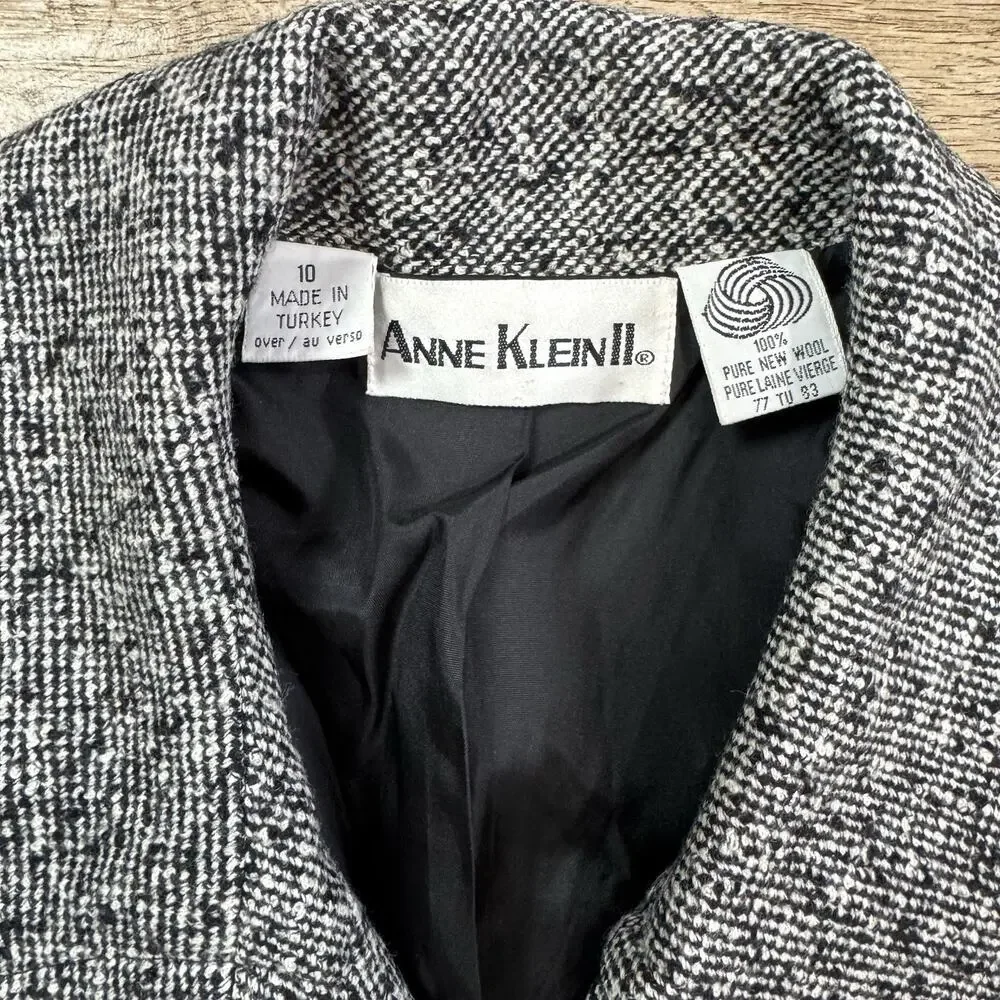 Anne Klein Wool Cropped Blazer Size 10 Black White Double Breasted Lined Jacket